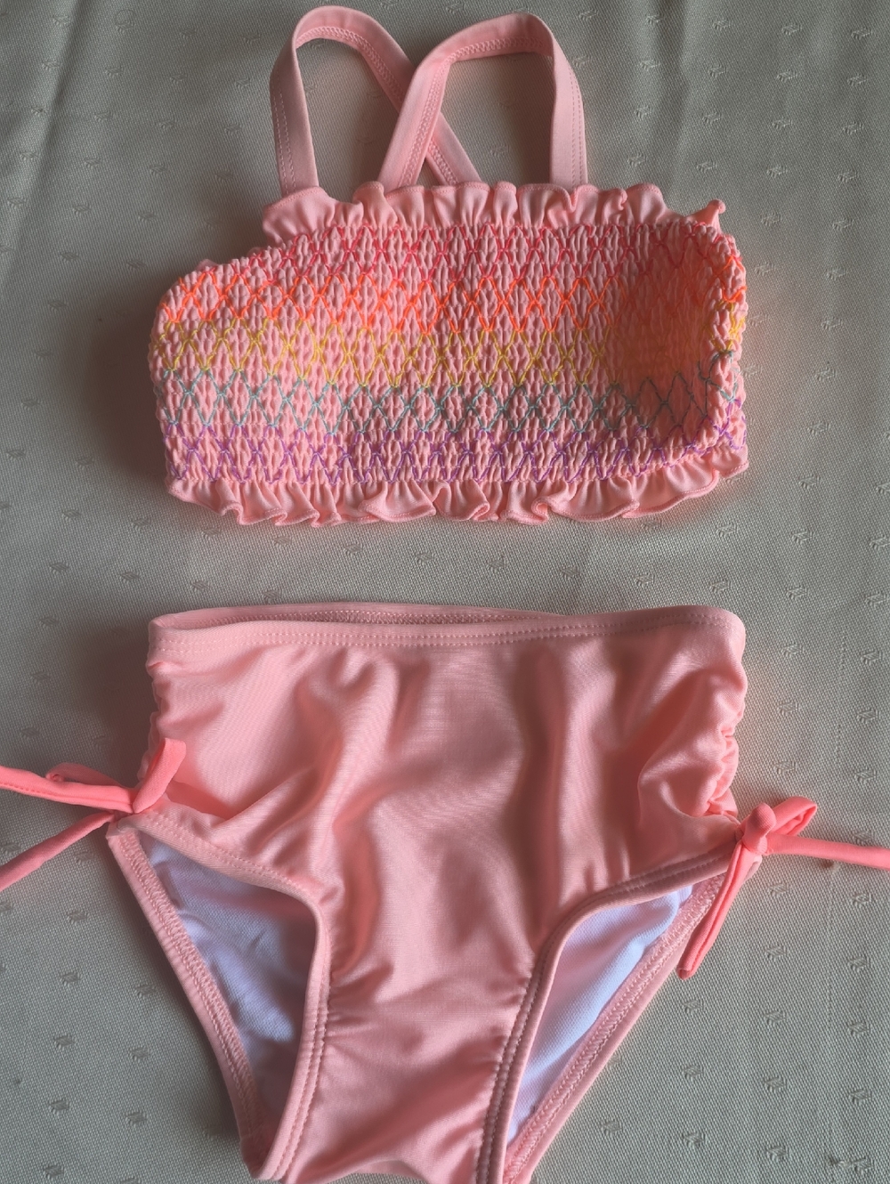 Cat & Jack Pink Smocked Bandeau Two-Piece Swim Set with Multicolor Stitching